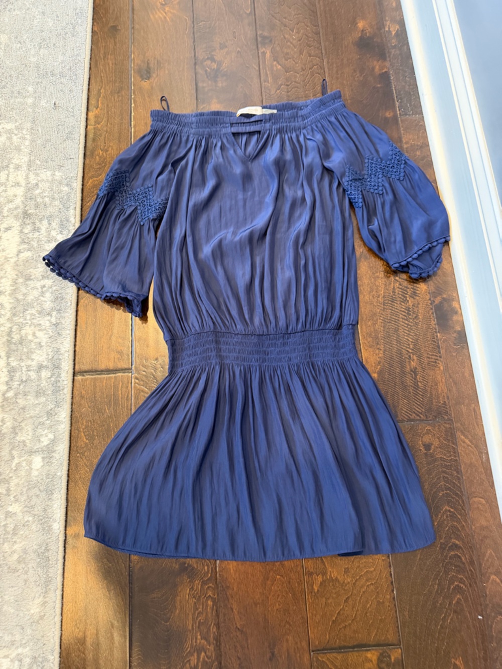 Ramy Brook Navy Blue Off-Shoulder Smocked Waist Dress